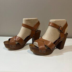 Mariella Leather & Wood Platform Block Heel Sandals, Size 38, Made in Italy